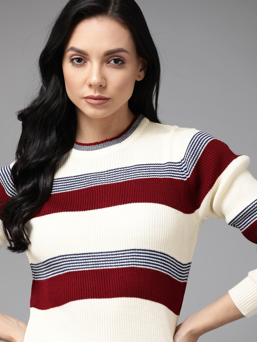 Roadster Women Off White & Red Acrylic Striped Pullover Price in India