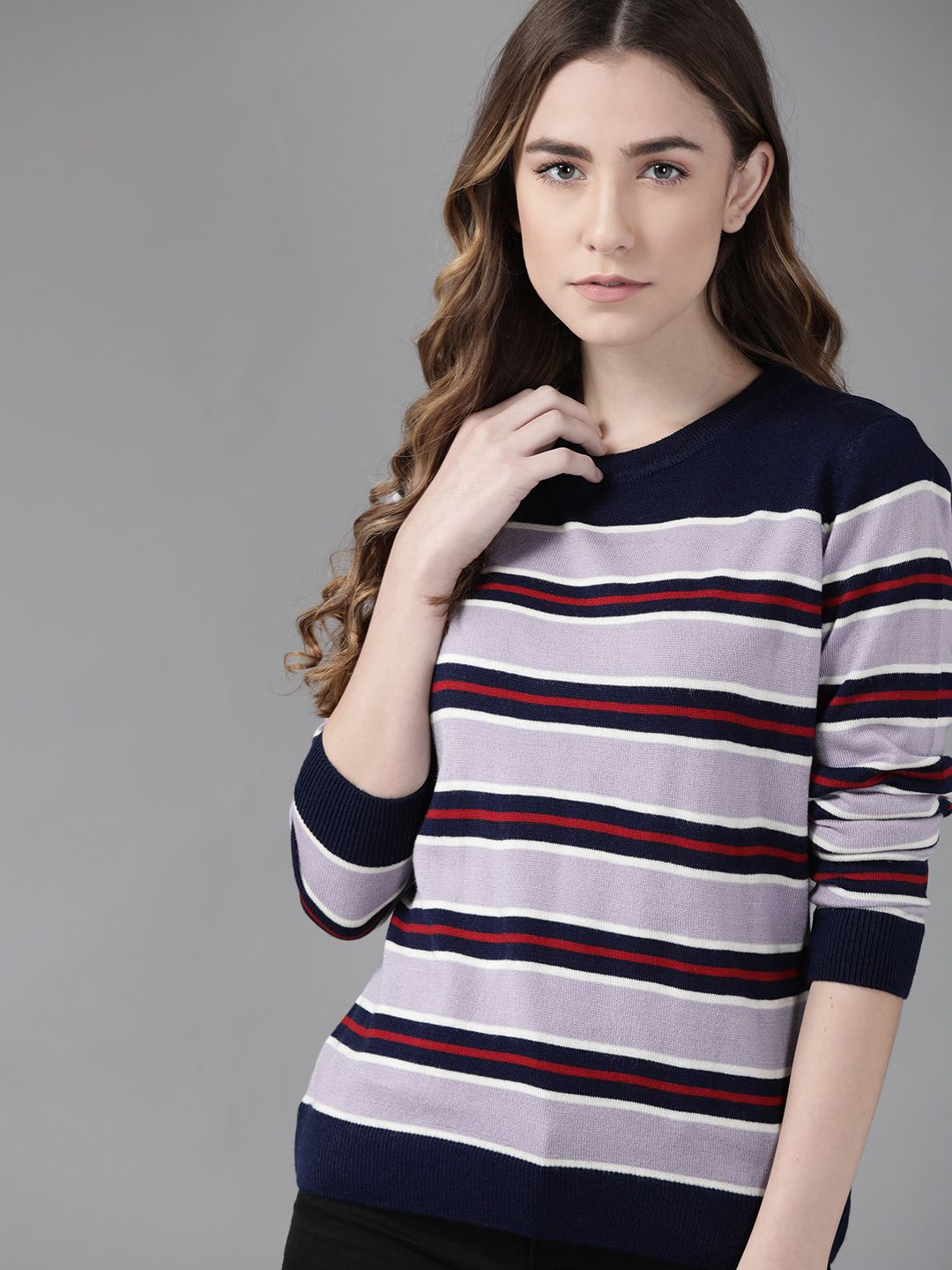 Roadster Women Navy Blue & Lavender Acrylic Striped Pullover Price in India