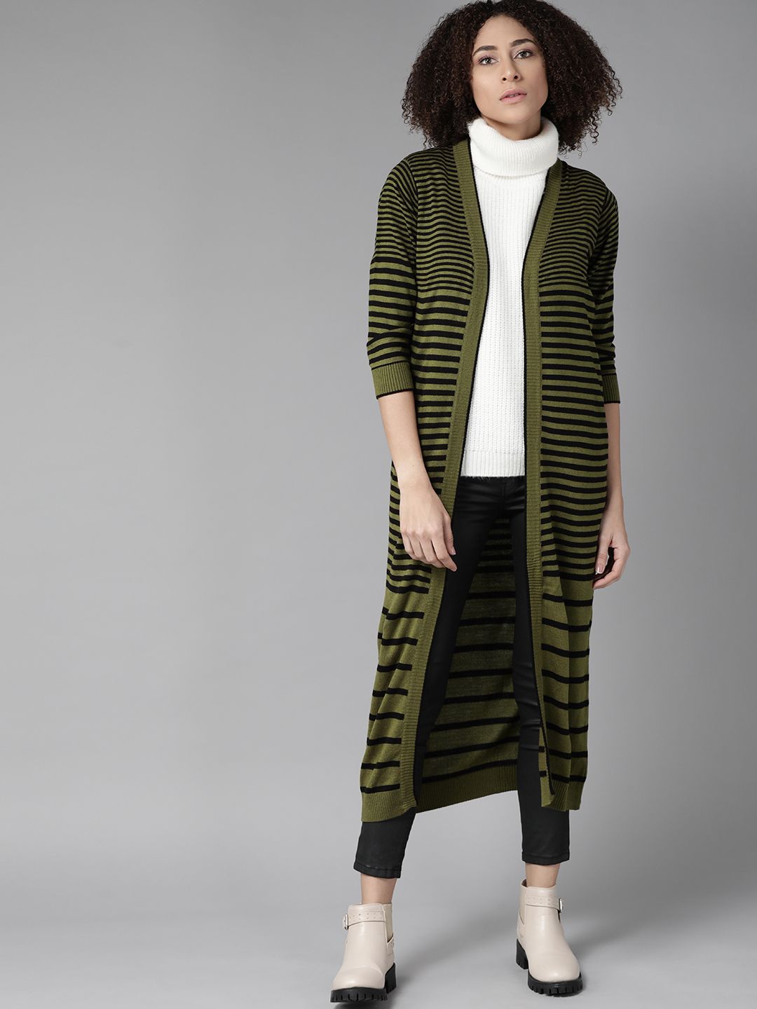 Roadster Women Olive Green & Black Striped Longline Front-Open Sweater Price in India