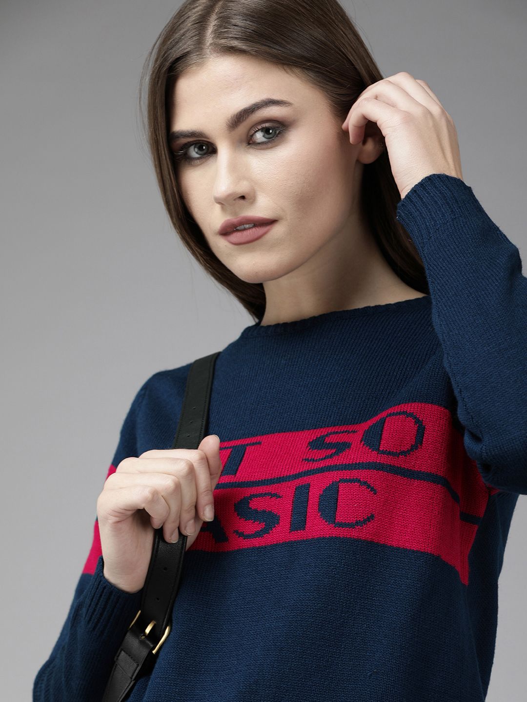 Roadster Women Navy Blue & Red Typography Pullover Price in India