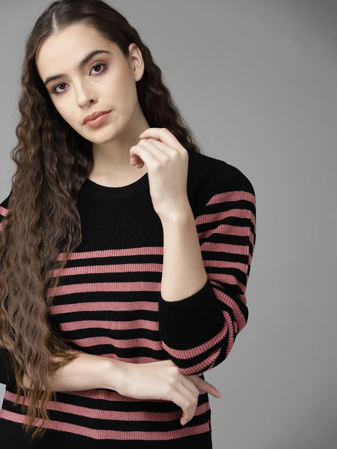 Roadster Women Black & Pink Striped Pullover Price in India