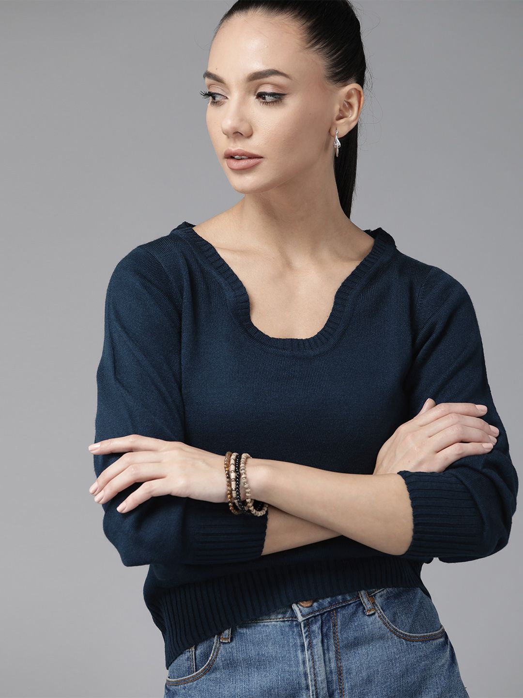 Roadster Women Navy Blue Pullover Price in India