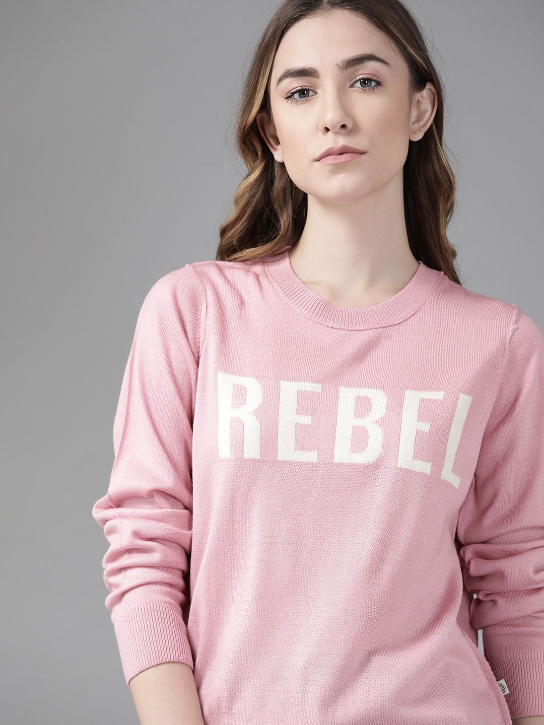 Roadster Women Pink & Off White Acrylic Typography Pullover Price in India