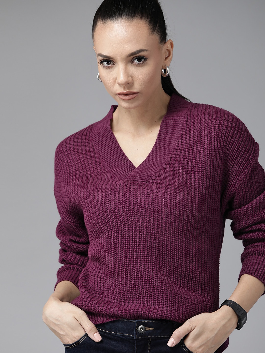 Roadster Women Purple Ribbed Pullover Price in India