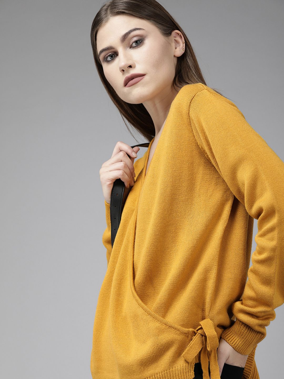 Roadster Women Mustard Yellow Wrap Detail Pullover Price in India