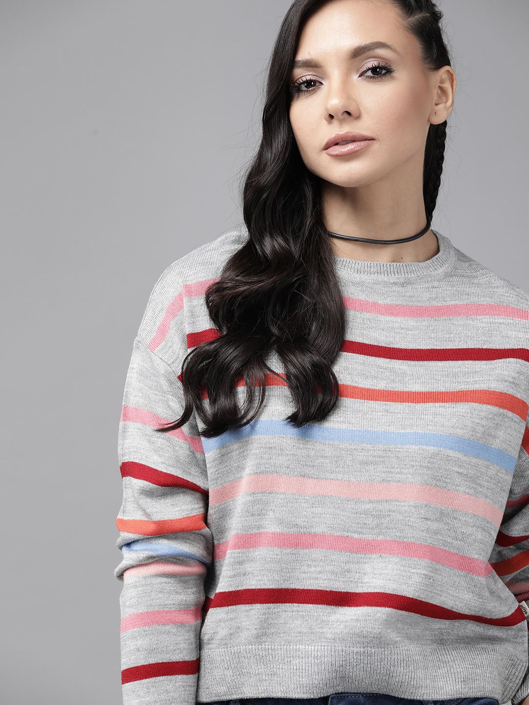 Roadster Women Grey Melange & Red Striped Pullover Price in India