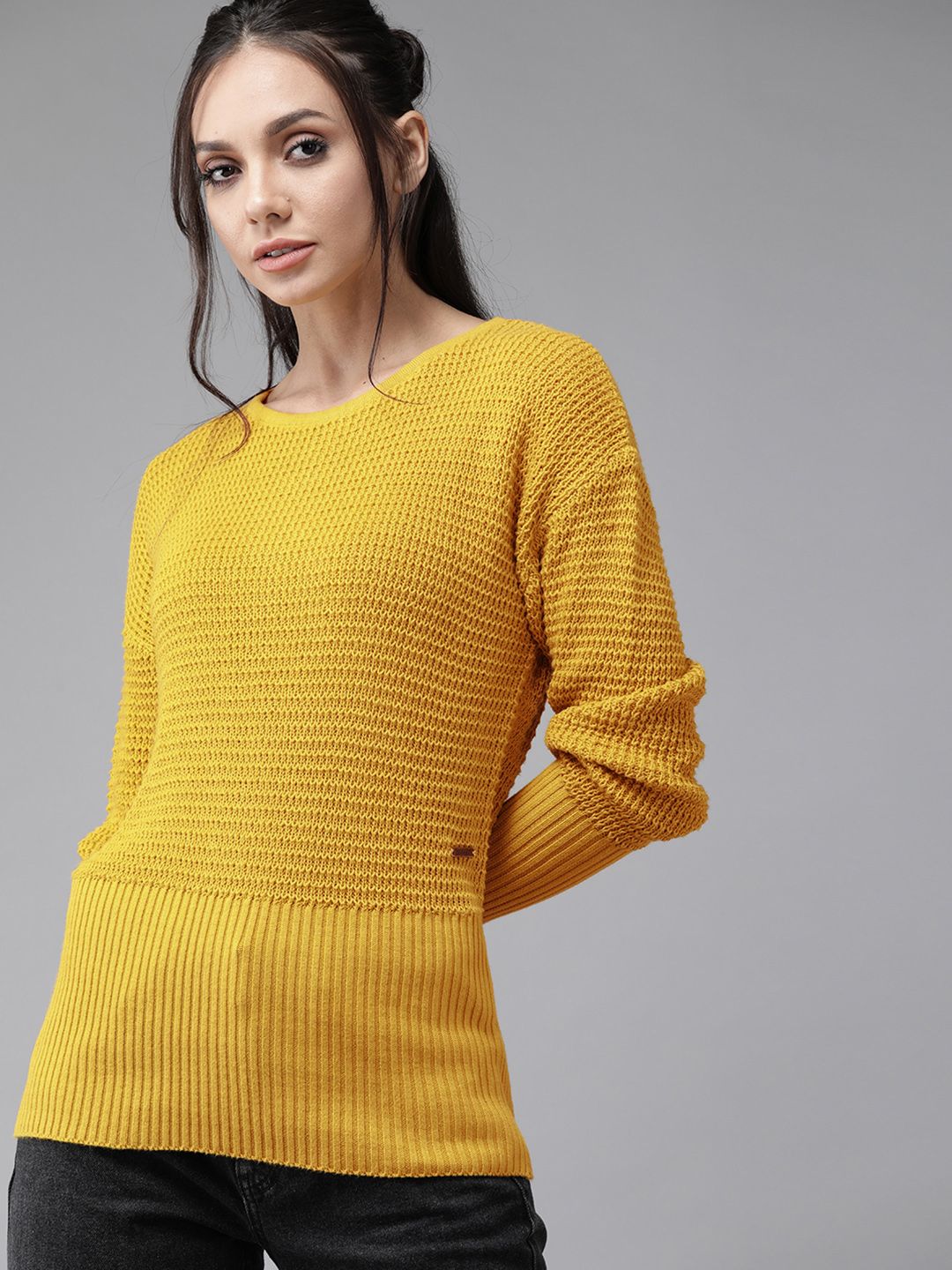 Roadster Women Mustard Yellow Pure Cotton Open Knit Pullover Price in India