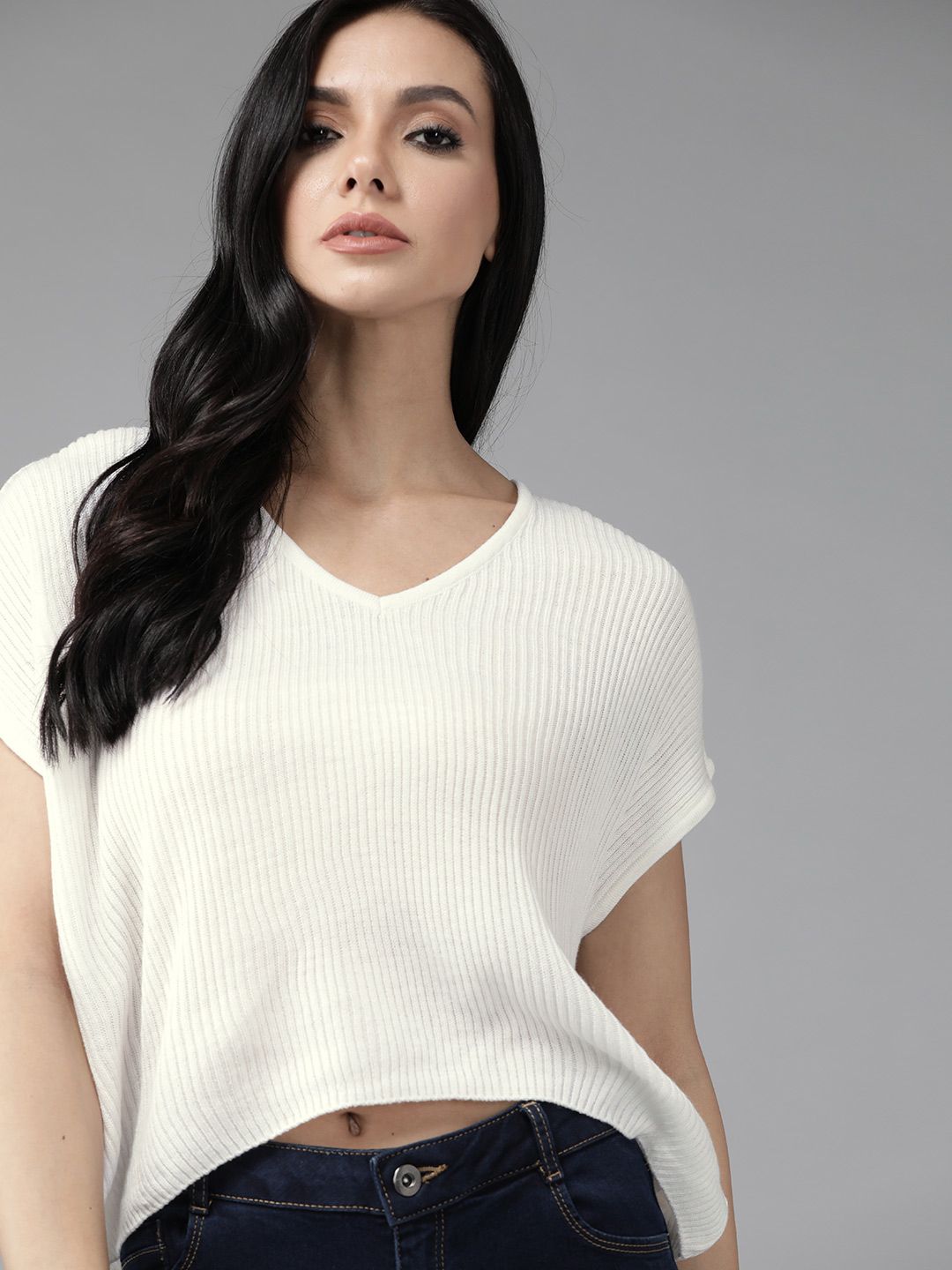 Roadster Women White Ribbed Pullover Price in India
