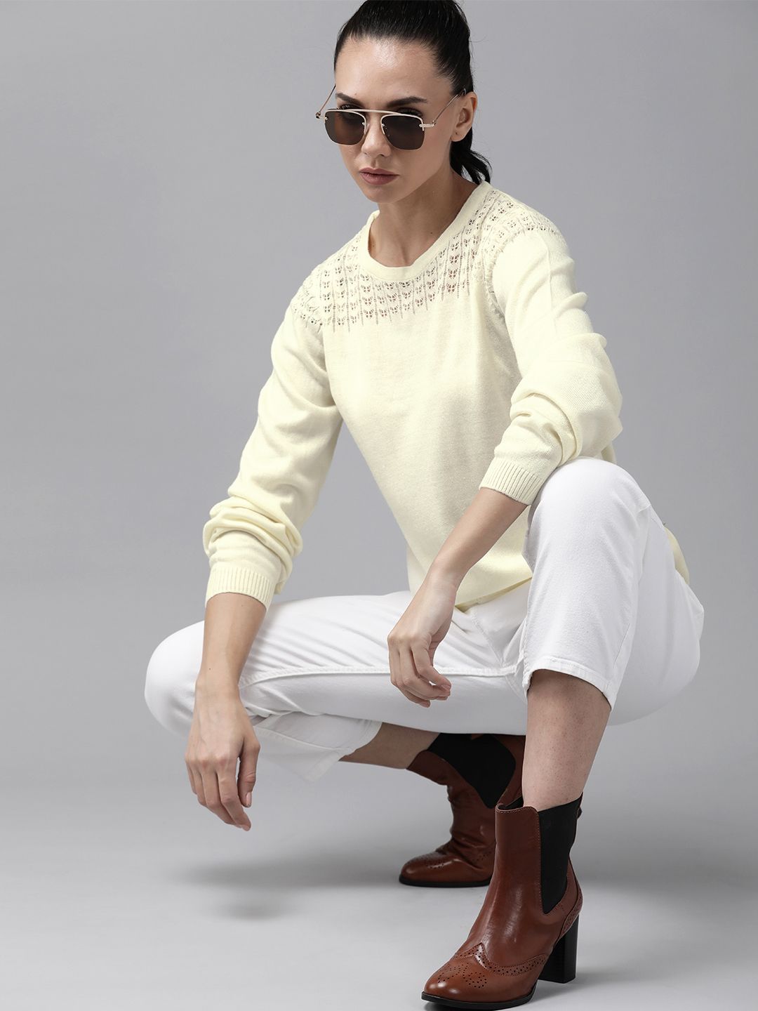 Roadster Women Cream-Coloured Open Knit Yoke Pullover Price in India