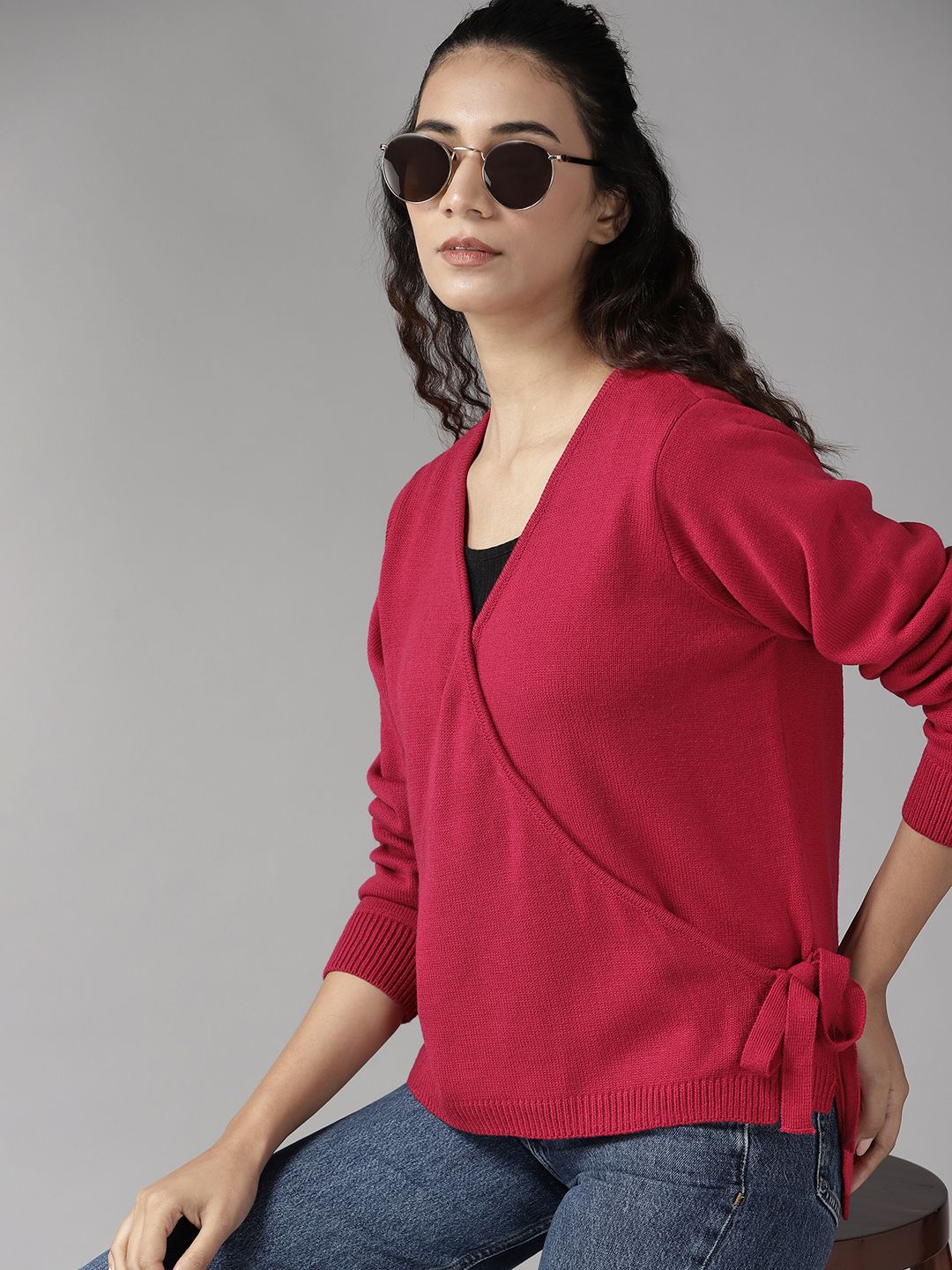 Roadster Women Magenta Solid Wrap Sweater Price in India