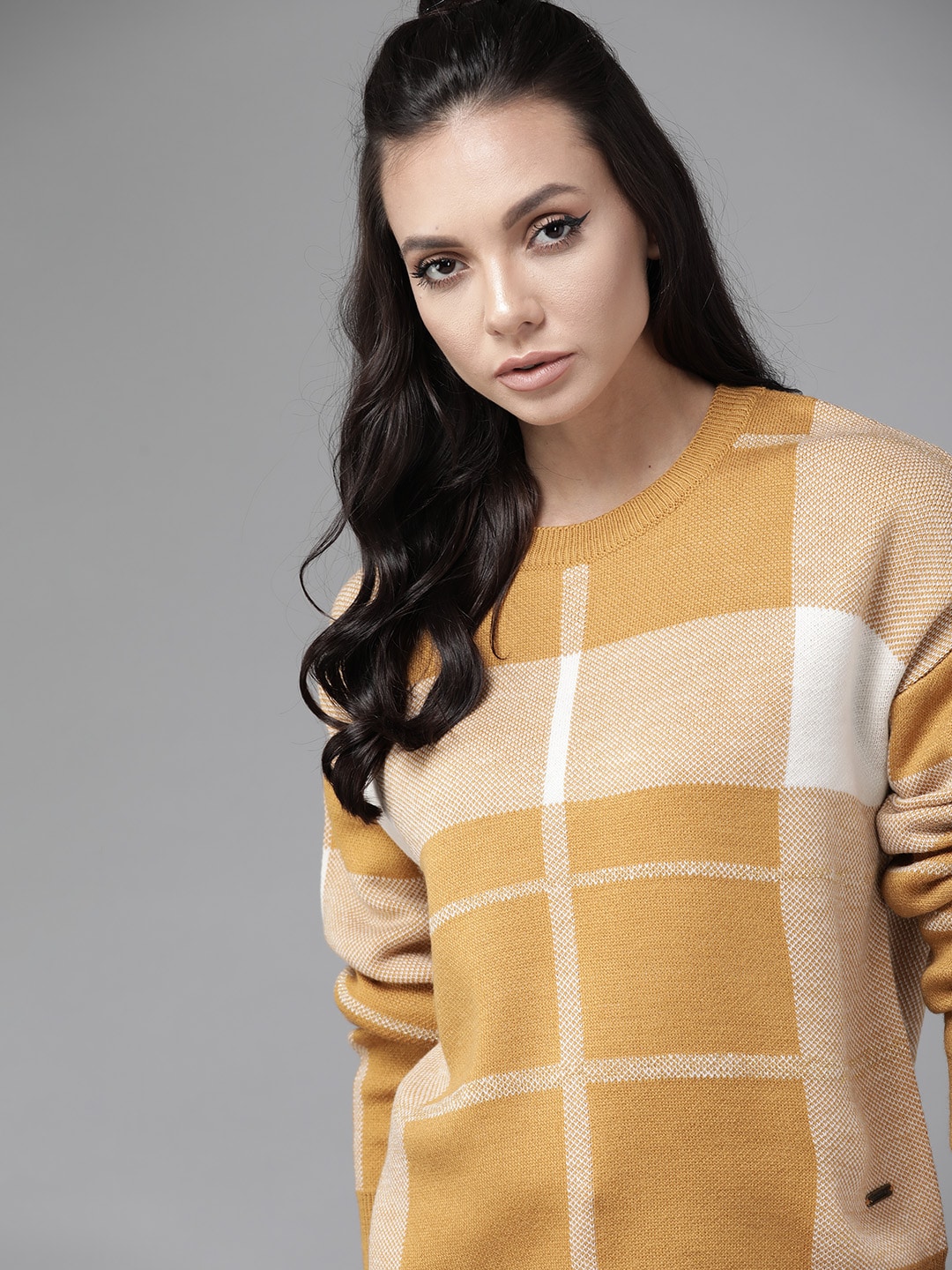 Roadster Women Mustard Yellow & Off White Checked Pullover Sweater Price in India