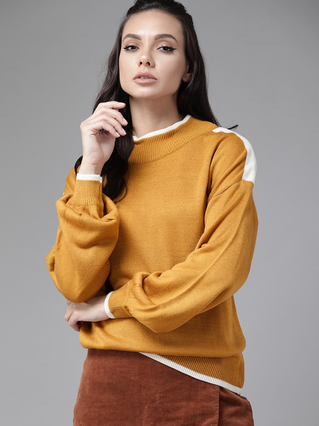 Roadster Women Mustard Yellow Solid Sleeve Detailing Pullover Price in India