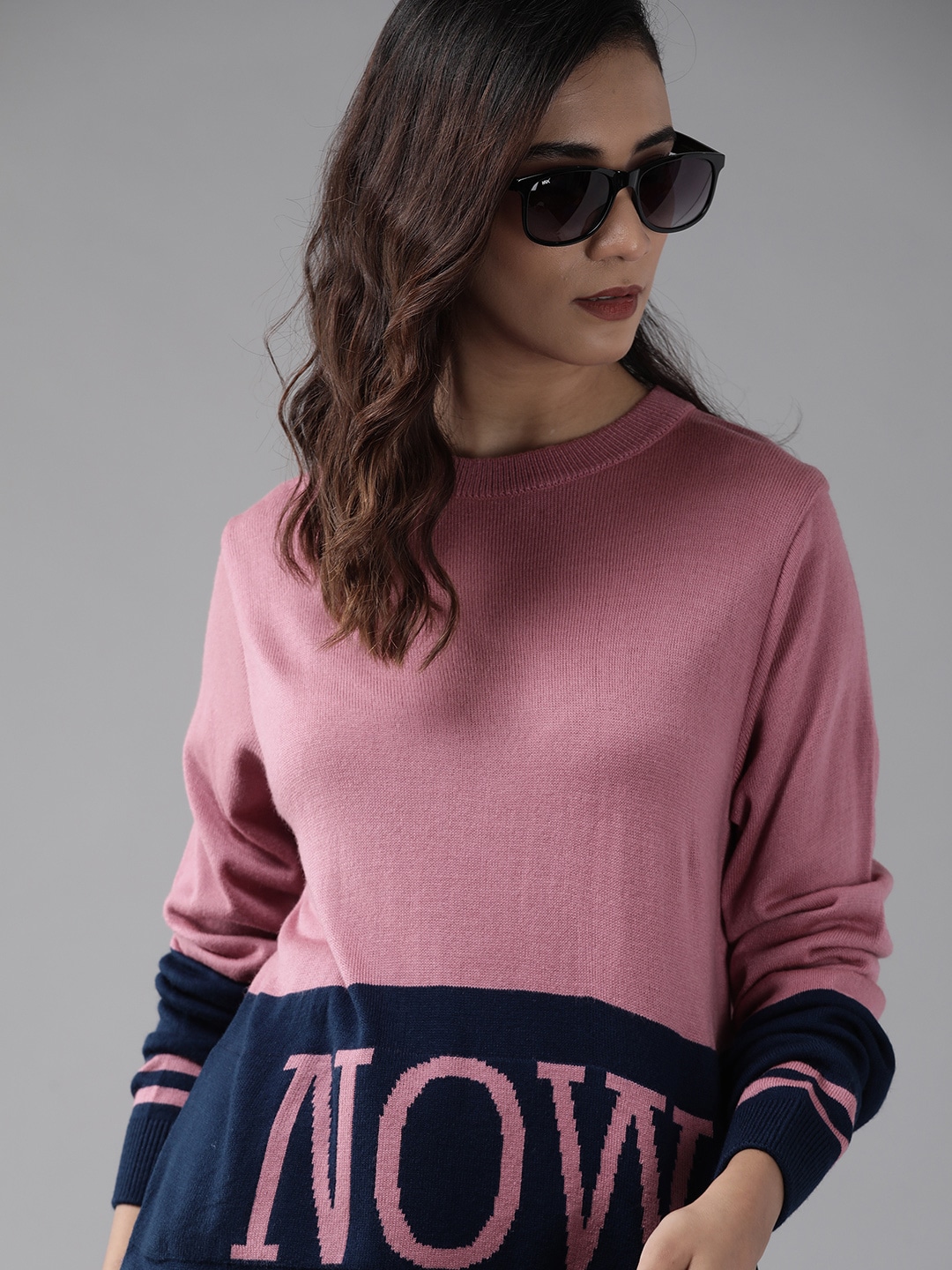 Roadster Women Pink & Navy Blue Typography Pattern Sweater with Colourblock Effect Price in India