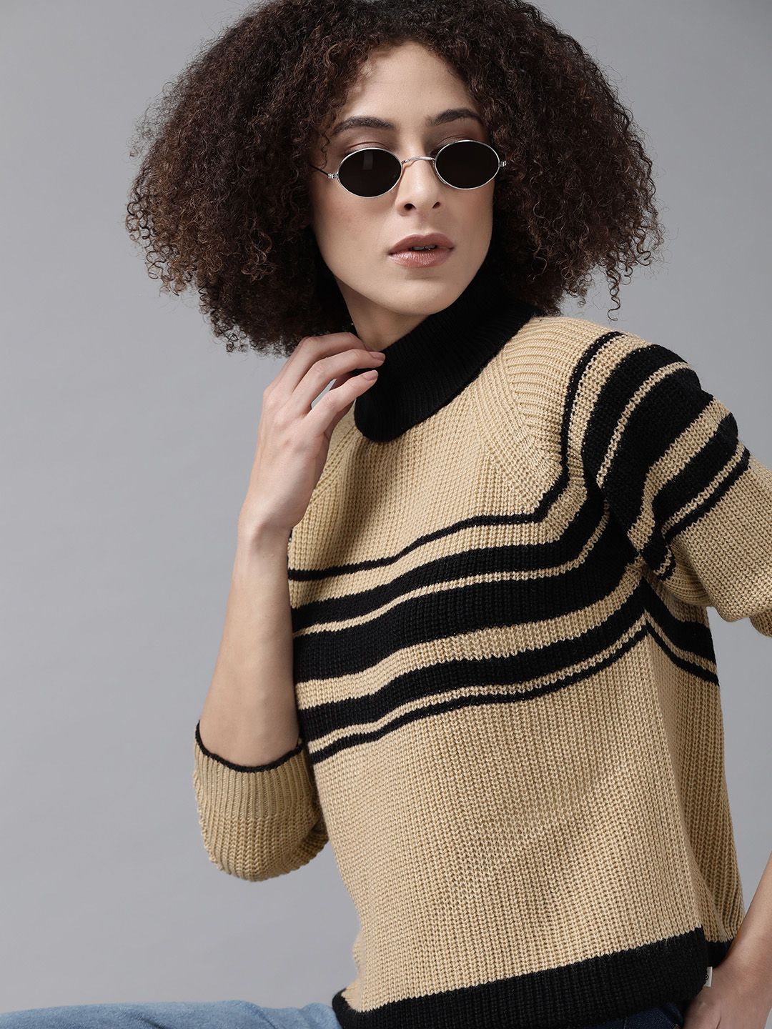 Roadster Women Beige & Black Striped Pullover Price in India