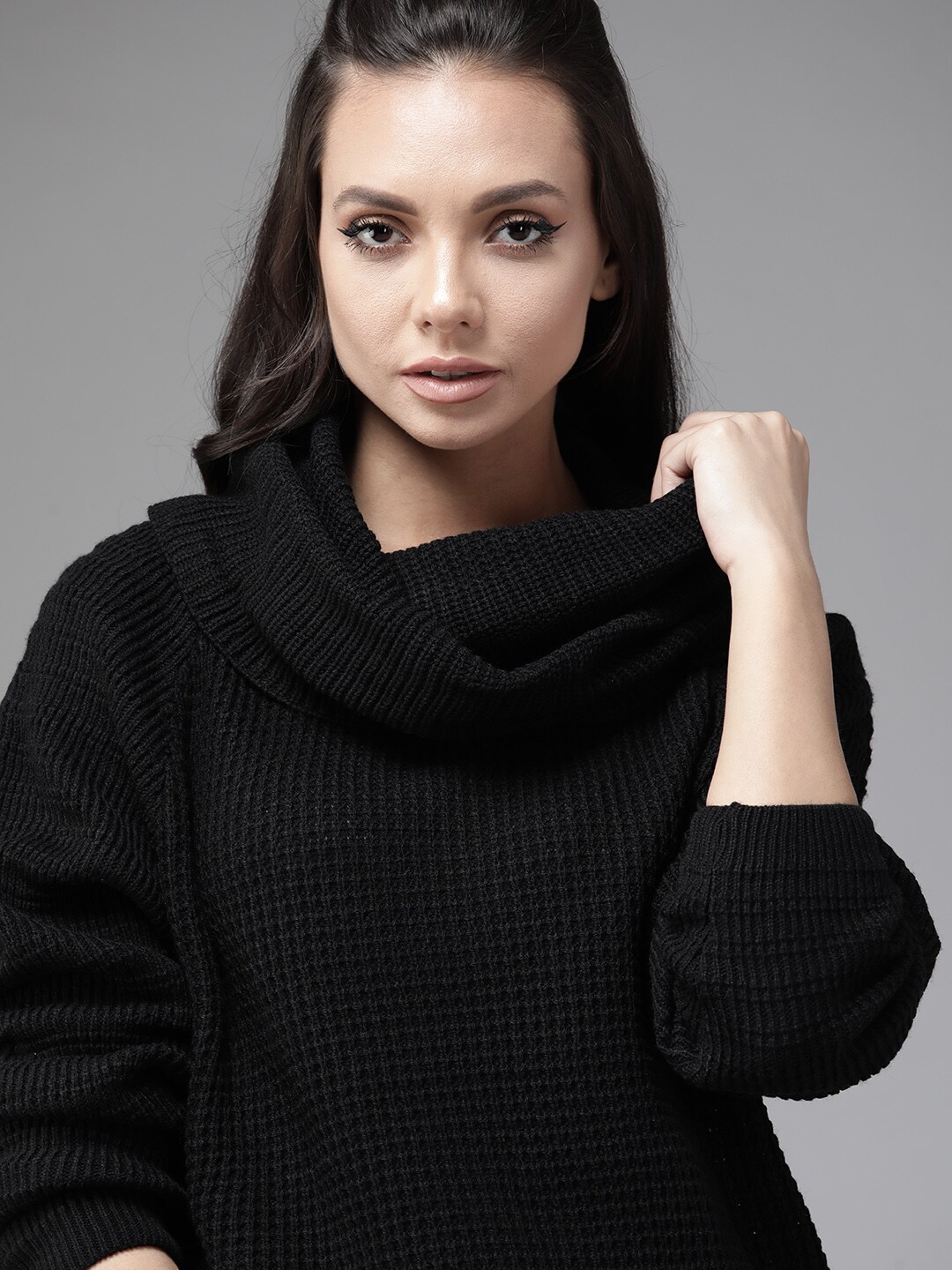 Roadster Women Black Cowl Neck Ribbed Pullover Price in India