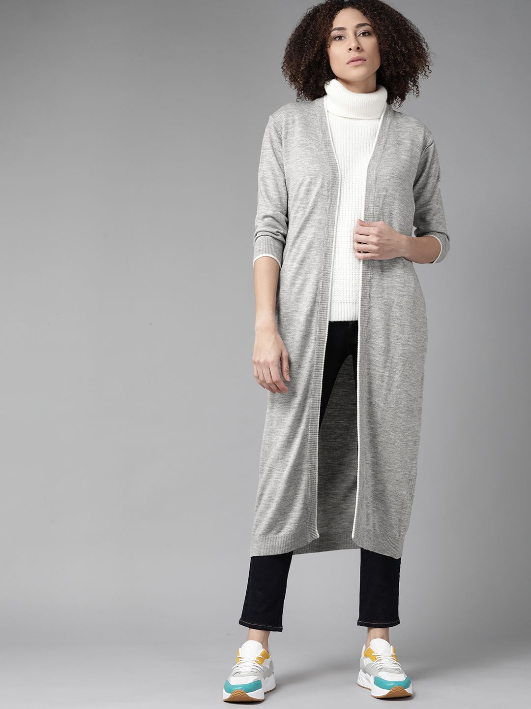 Roadster Women Grey Melange Solid Longline Front-Open Sweater Price in India