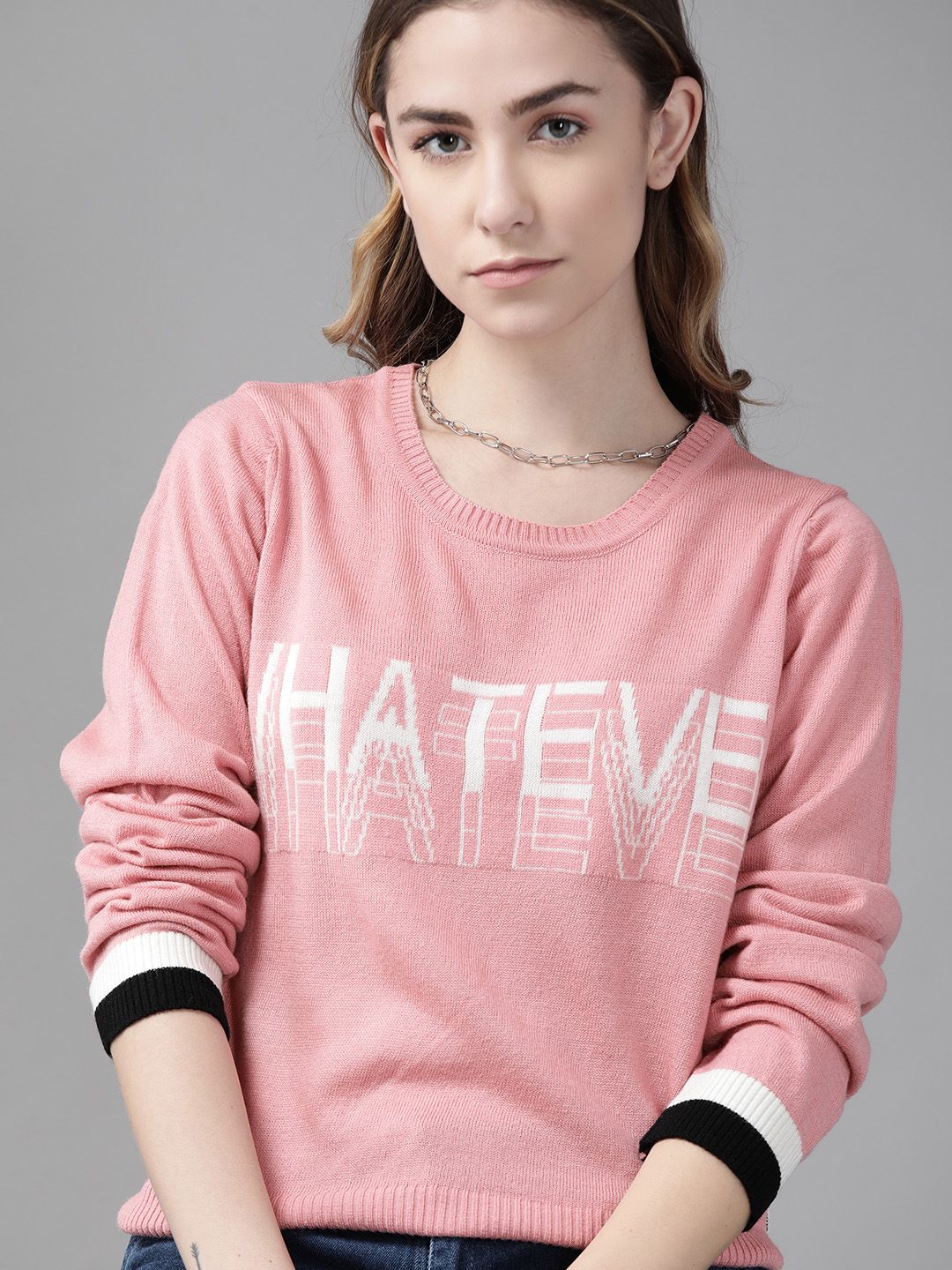 Roadster Women Pink & White Typography Printed Pullover Price in India