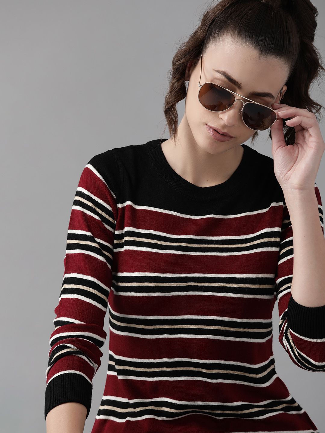 Roadster Women Black & Maroon Striped Pullover Price in India