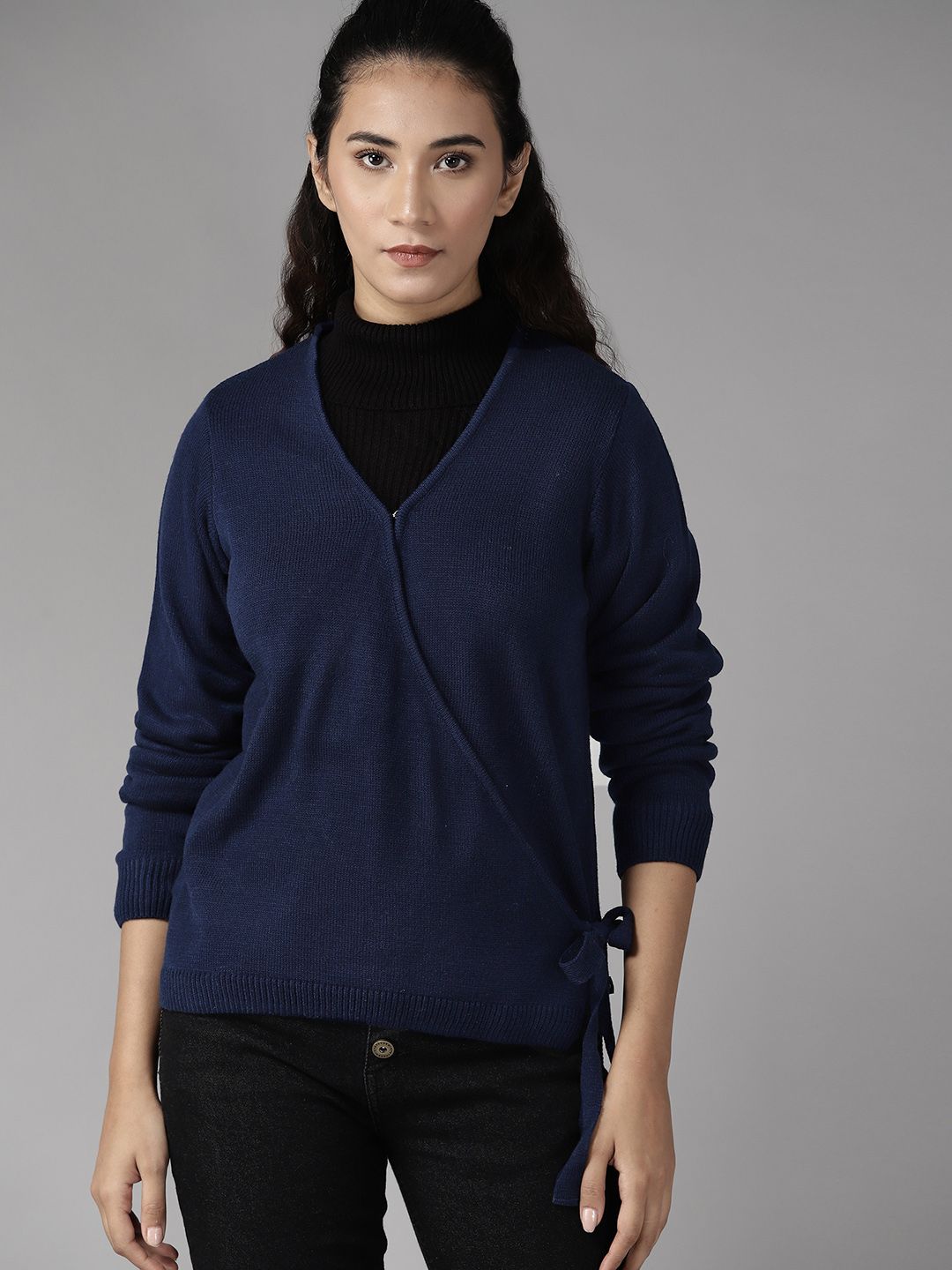 Roadster Women Navy Blue Solid Wrap Sweater Price in India