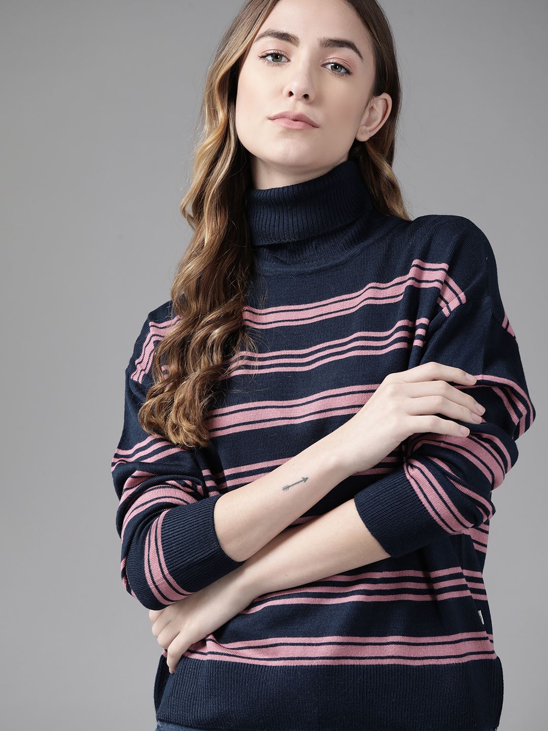 Roadster Women Navy Blue & Pink Striped Pullover Price in India