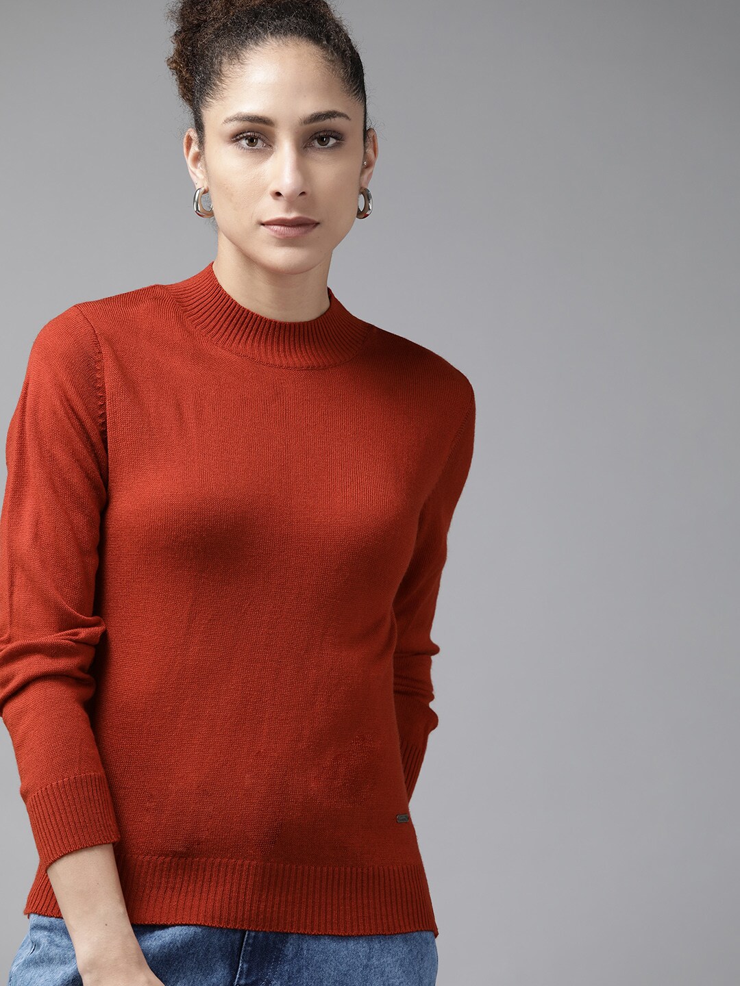 Roadster Women Rust Red Solid Acrylic Pullover Price in India