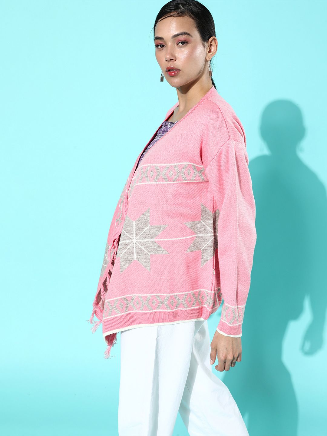 Roadster Women Pink & Grey Melange Woven Design Front-Open Sweater Price in India