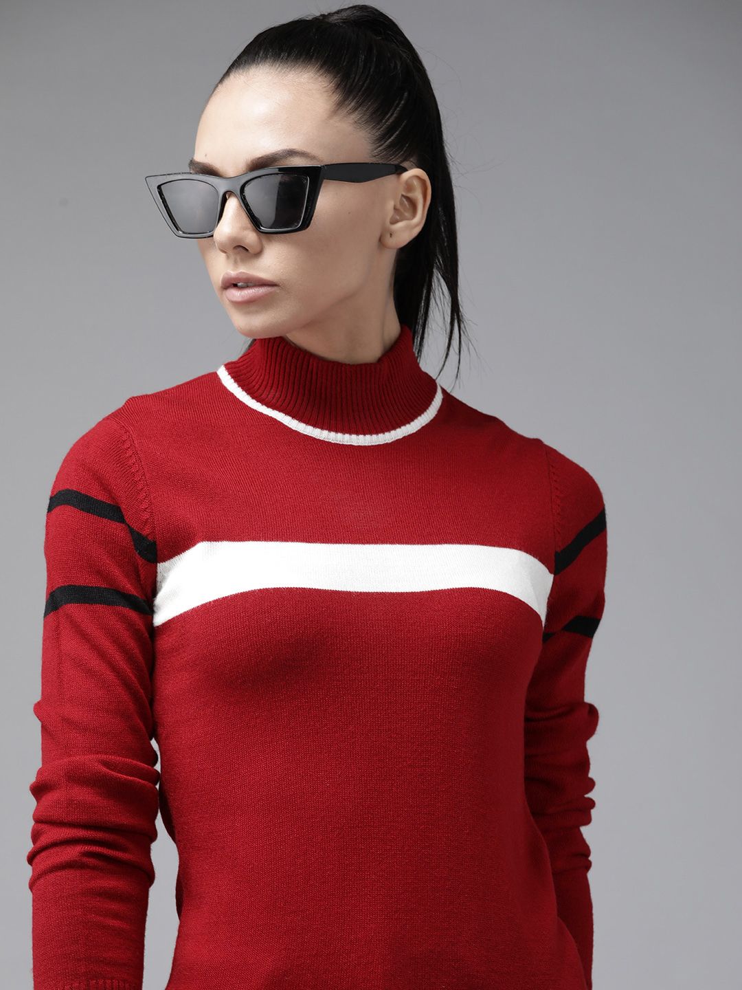 Roadster Women Red & White Striped Pullover Price in India