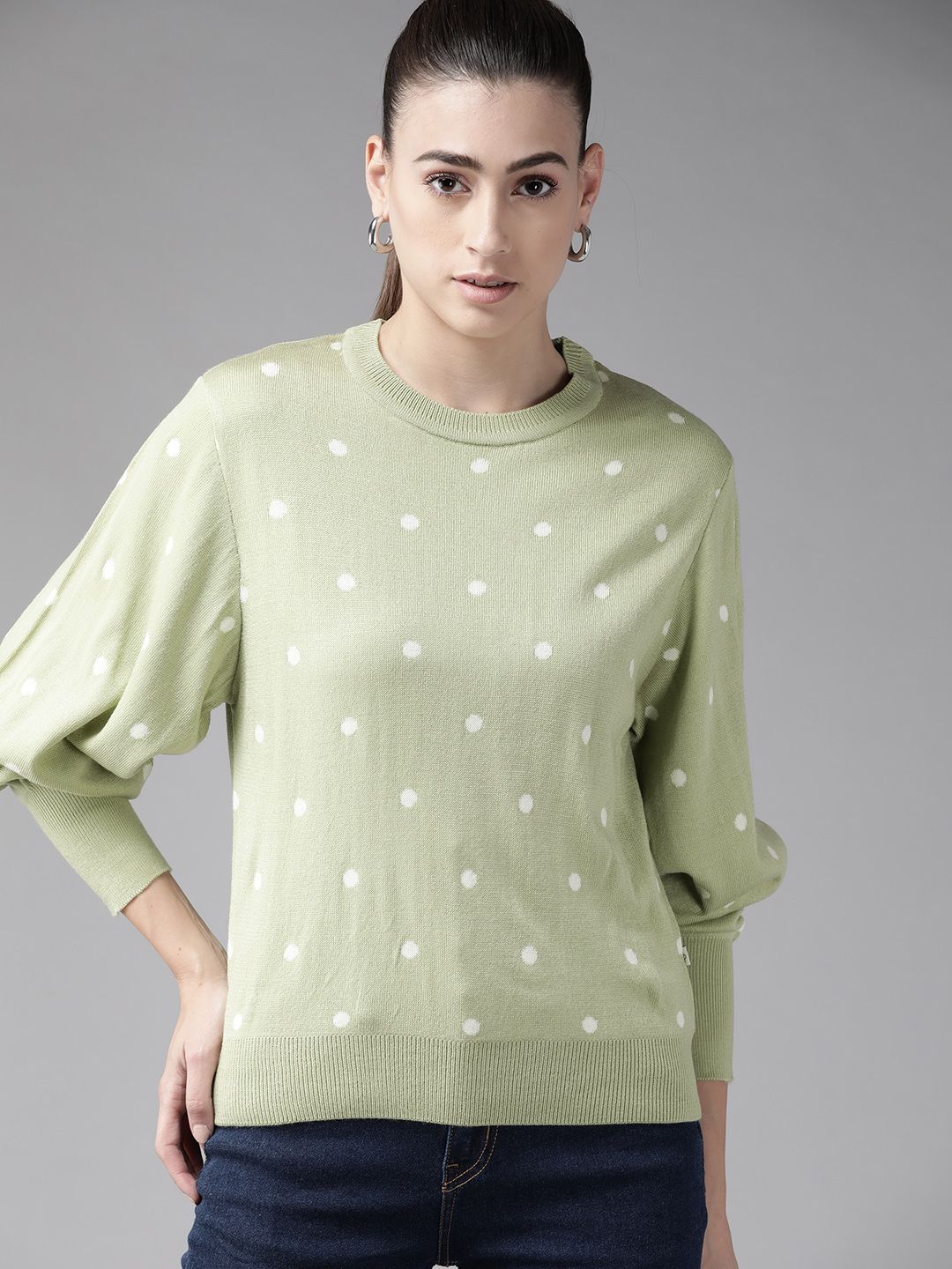 Roadster Women Green & White Polka Dots Pullover Price in India