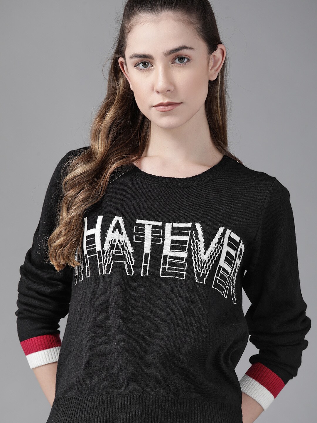 Roadster Women Black & White Typography Printed Pullover Price in India