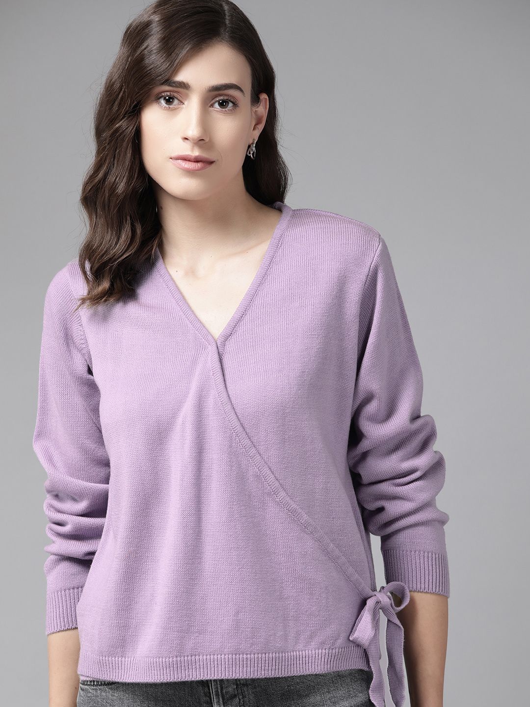 Roadster Women Lavender Solid Wrap Sweater Price in India