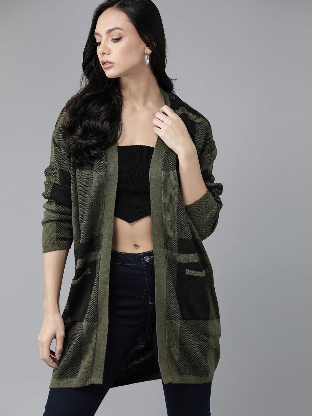 Roadster Women Olive Green & Black Checked Longline Front-Open Price in India