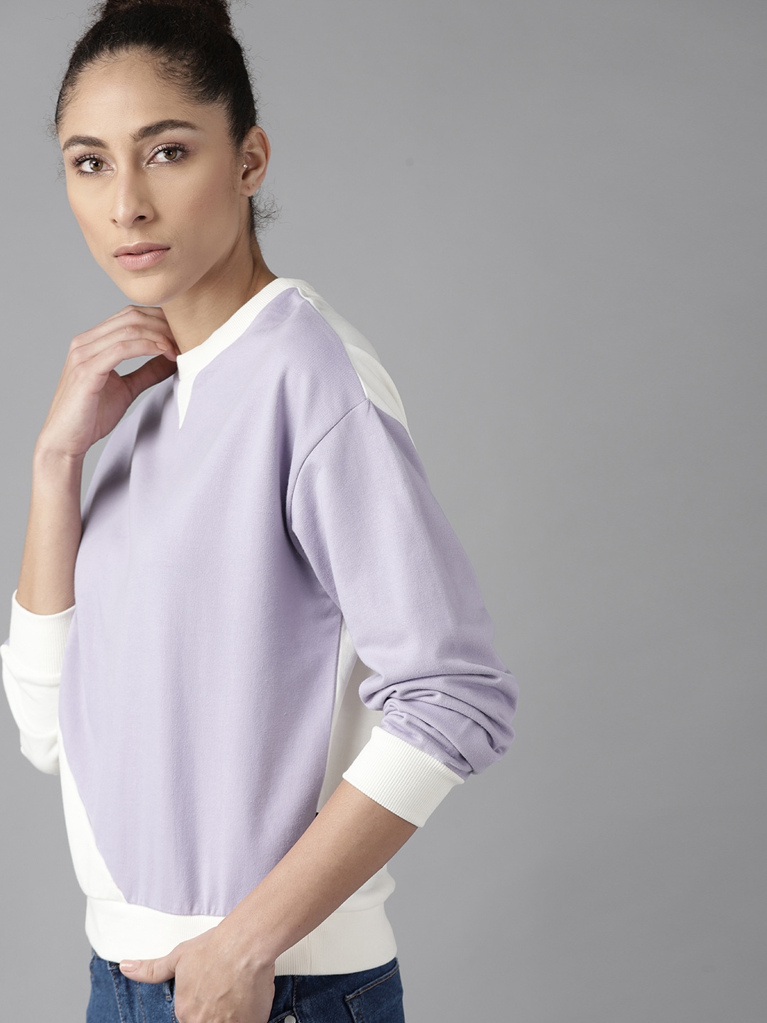 Roadster Women Purple & White Colourblocked Sweatshirt Price in India