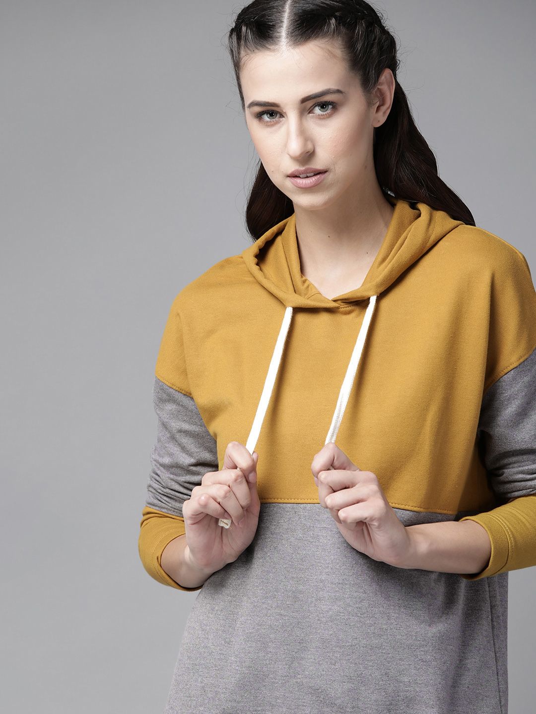 Roadster Women Mustard Yellow & Grey Melange Colourblocked Hooded Sweatshirt Price in India