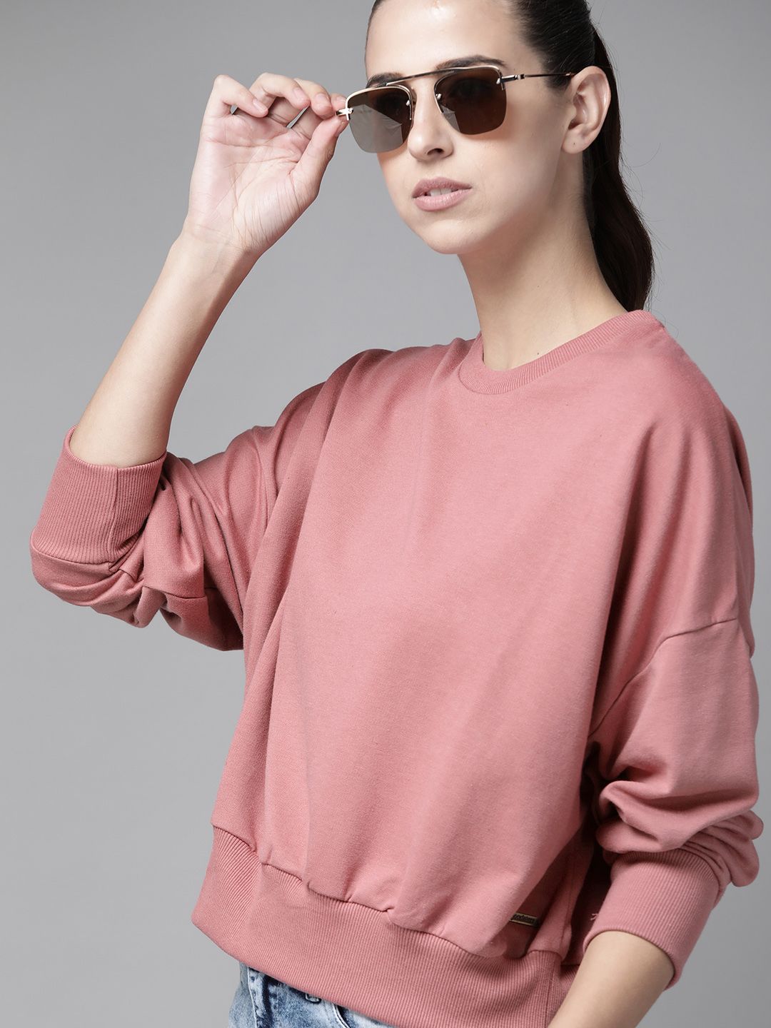 Roadster Women Dusty Pink Solid Drop-Shoulder Sleeves Sweatshirt Price in India