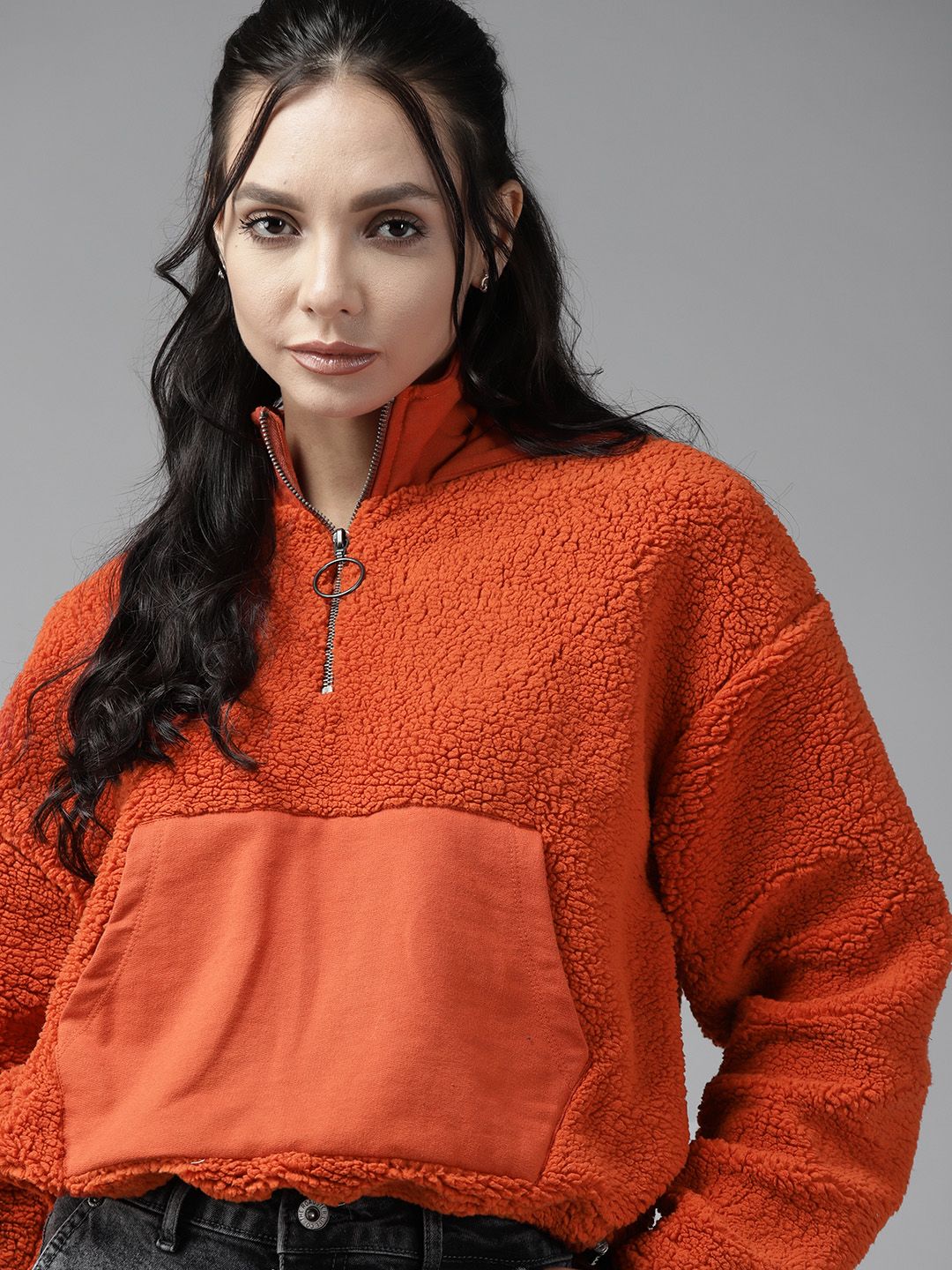 Roadster Women Rust Orange Sherpa Hooded Sweatshirt Price in India