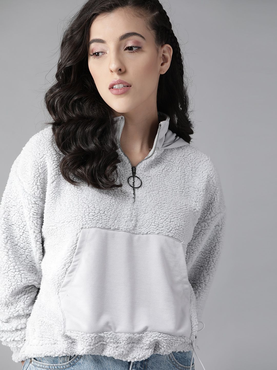 Roadster Women Grey Hooded Sherpa Sweatshirt Price in India