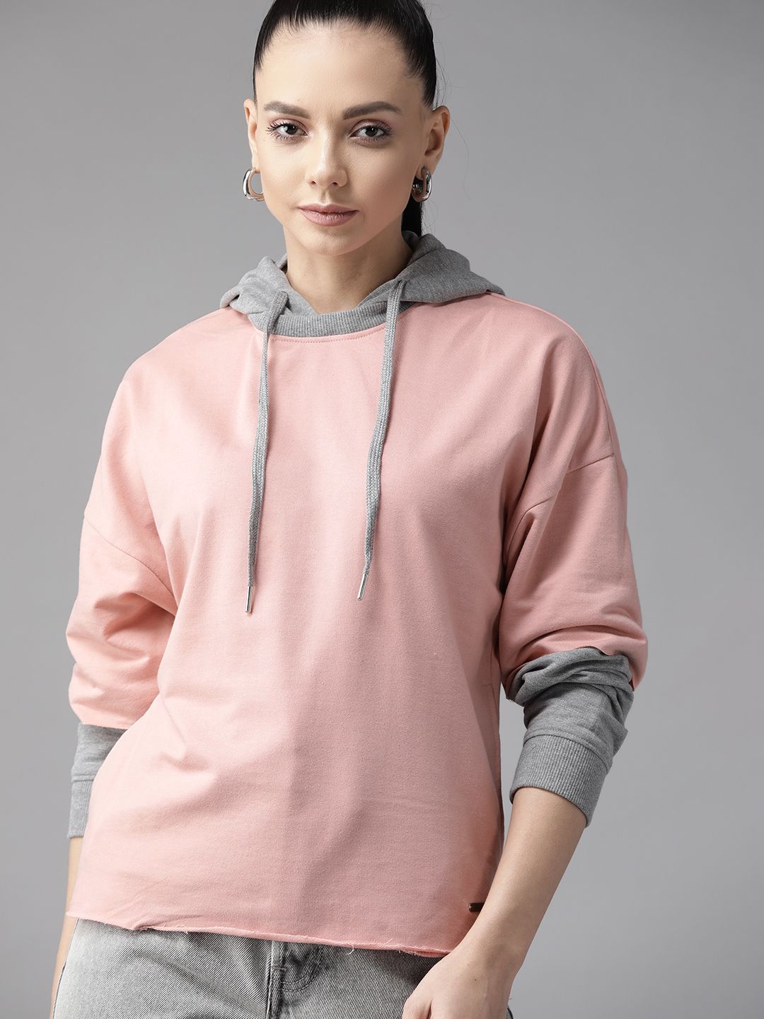 Roadster Women Pink & Grey Melange Hooded Sweatshirt Price in India