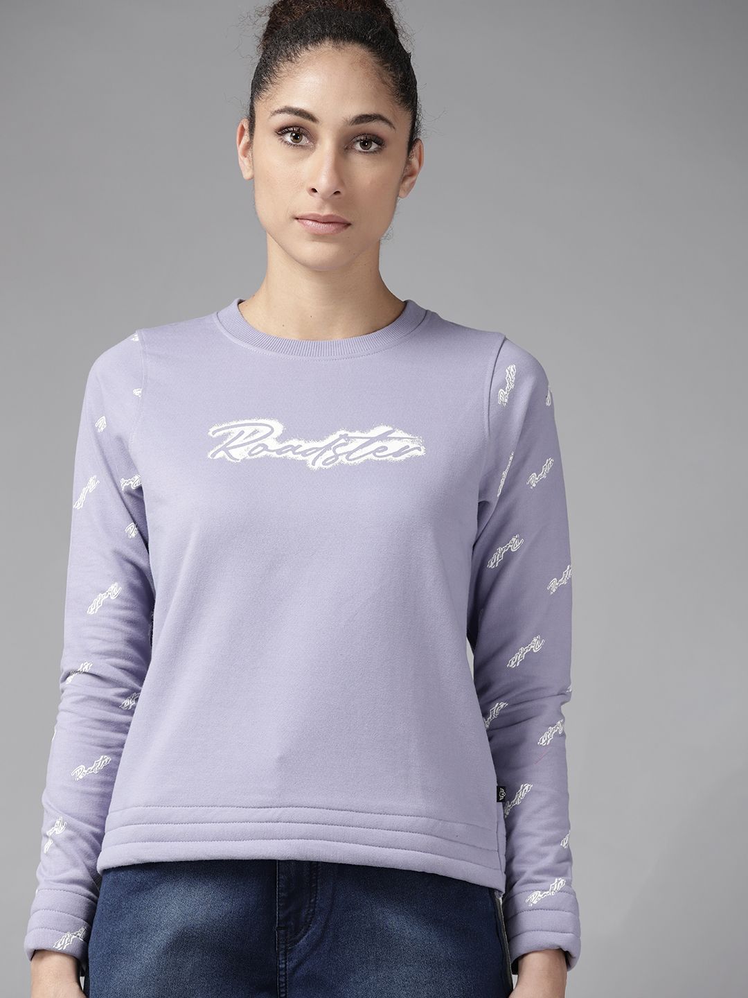 Roadster Women Lavender & White Brand Logo Print Sweatshirt Price in India