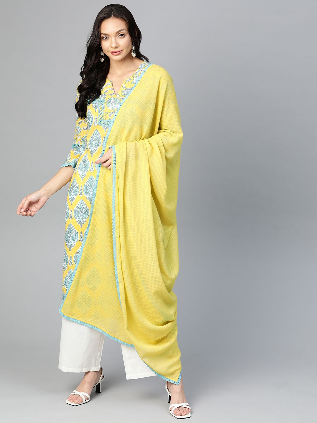 Yuris Women Lime Green Ethnic Motifs Printed Pure Cotton Kurta with Palazzos & With Dupatta Price in India