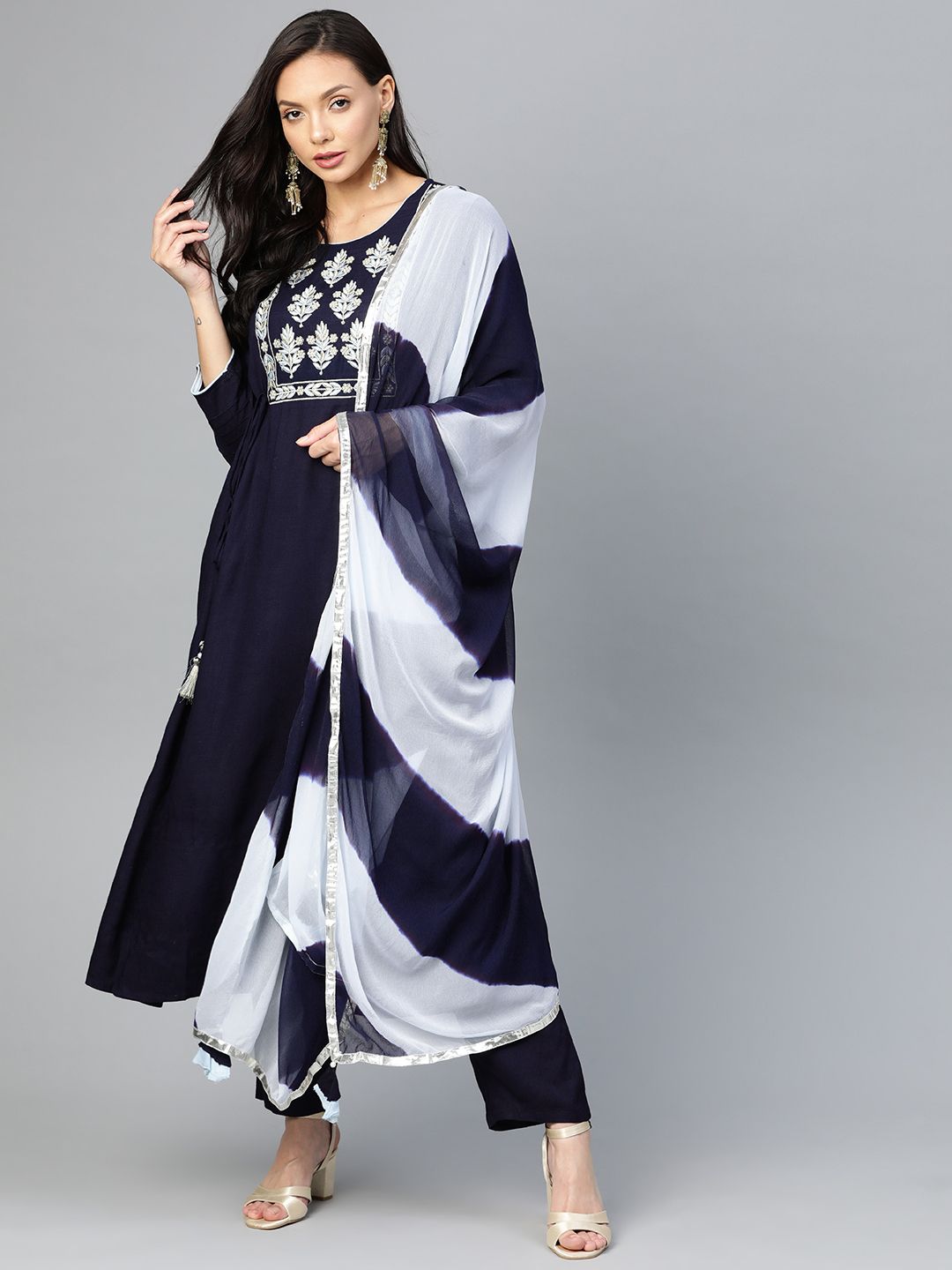 Yuris Women Navy Blue Pure Cotton Kurta with Trousers & With Dupatta Price in India