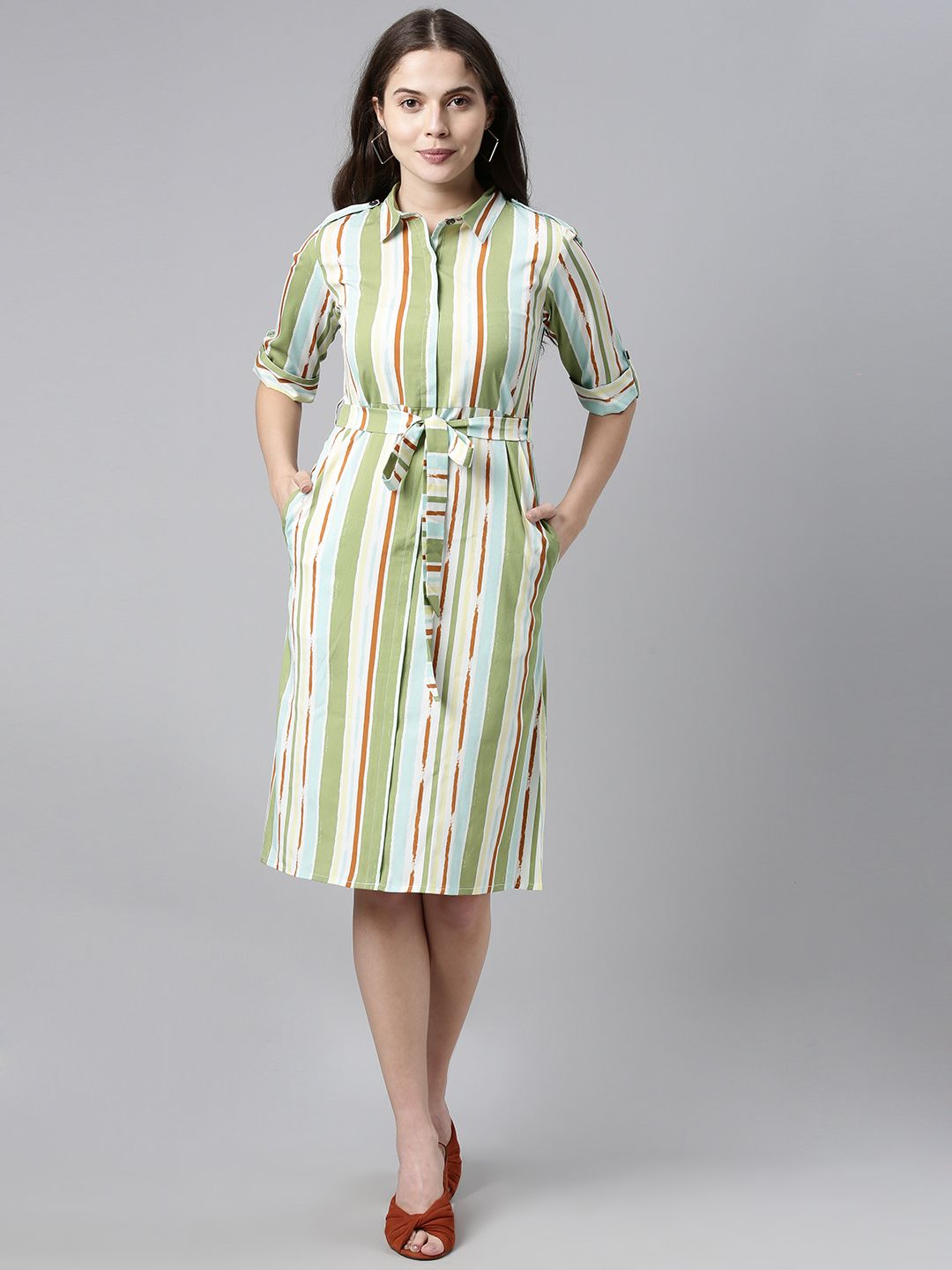 AHIKA Women Multicoloured Striped Shirt Style Dress Price in India