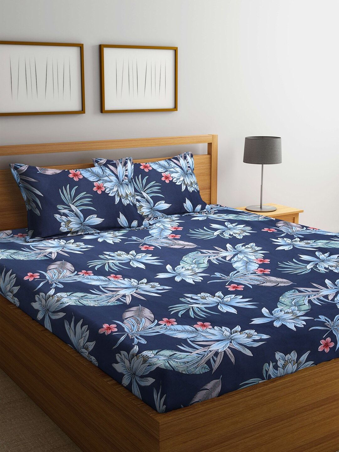 KLOTTHE Blue & Pink Floral 210 TC Polycotton 1 King Bedsheet with 2 Pillow Covers Price in India