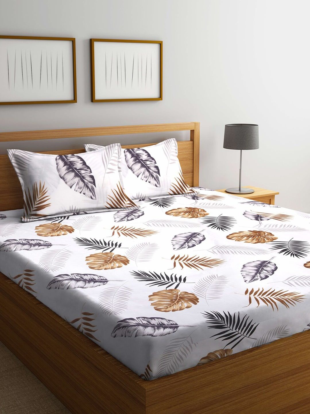 KLOTTHE White & Brown Floral 210 TC Polycotton 1 King Bedsheet with 2 Pillow Covers Price in India