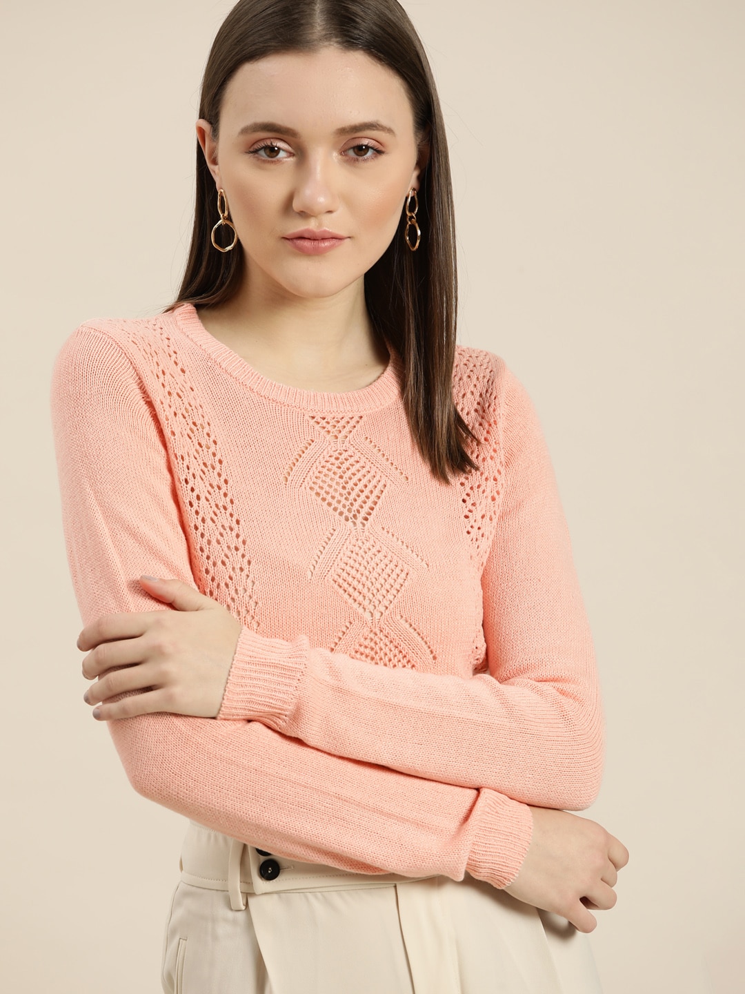 her by invictus Women Peach-Coloured Open Knit Pullover Price in India