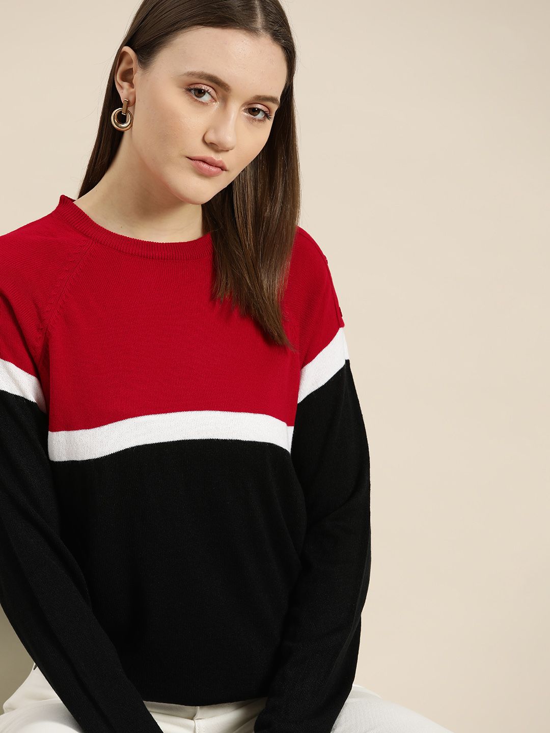 her by invictus Women Red & Black Colourblocked Pullover Price in India