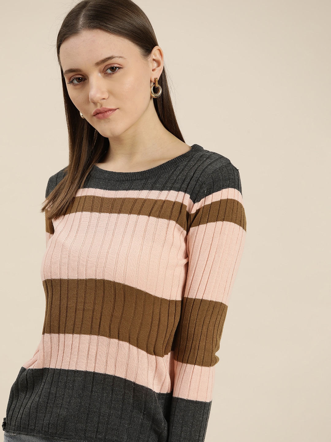 her by invictus Women Peach-Coloured & Olive Brown Striped Pullover Price in India