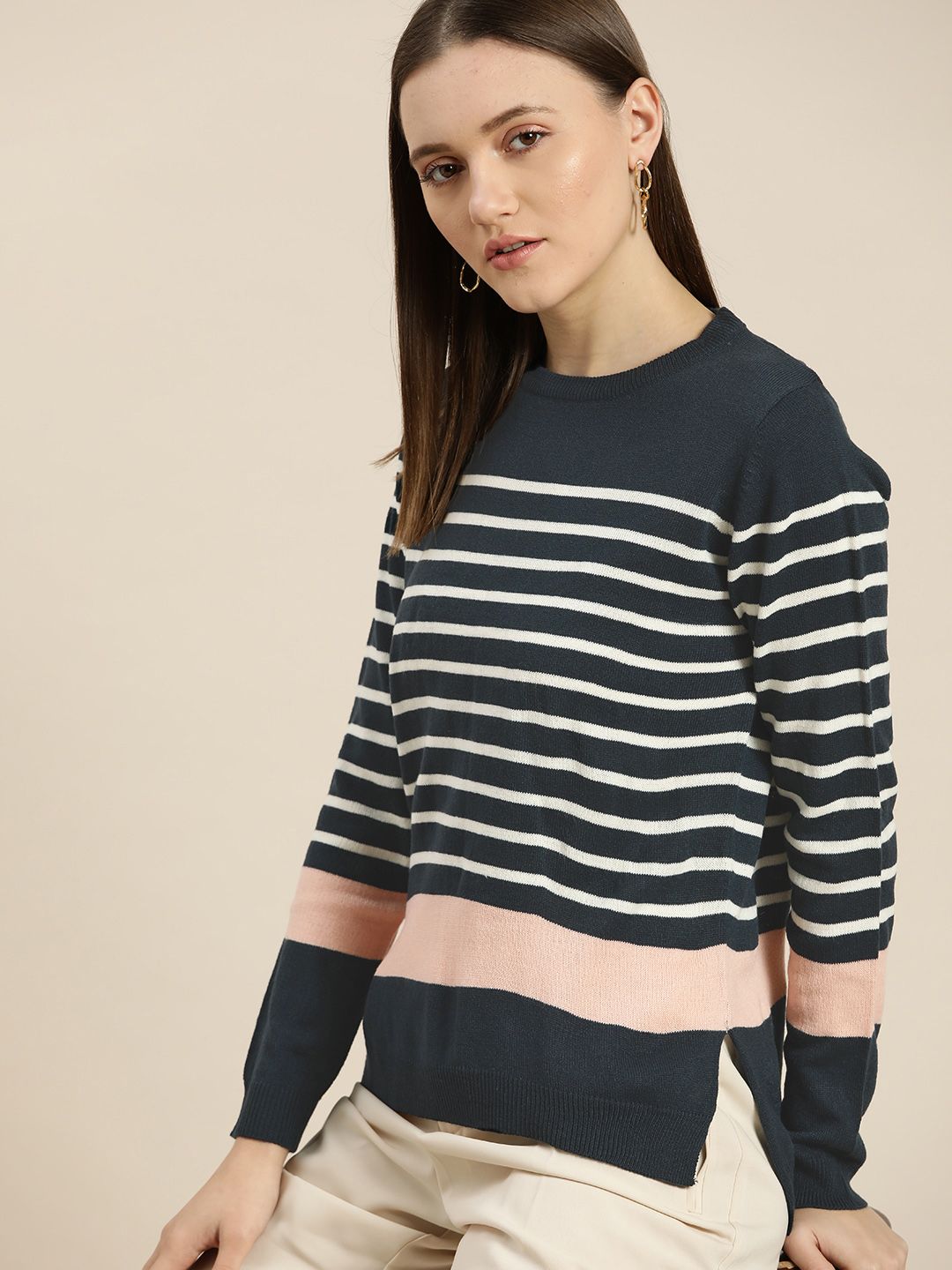 her by invictus Women Navy Blue & White Striped Pullover Price in India