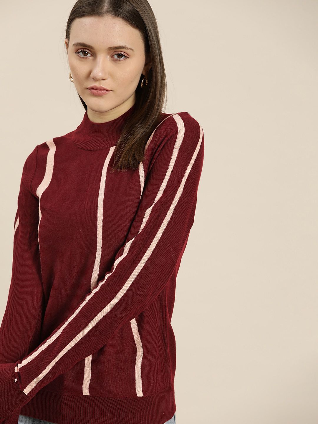 her by invictus Women Maroon & Pink Striped Pullover Price in India
