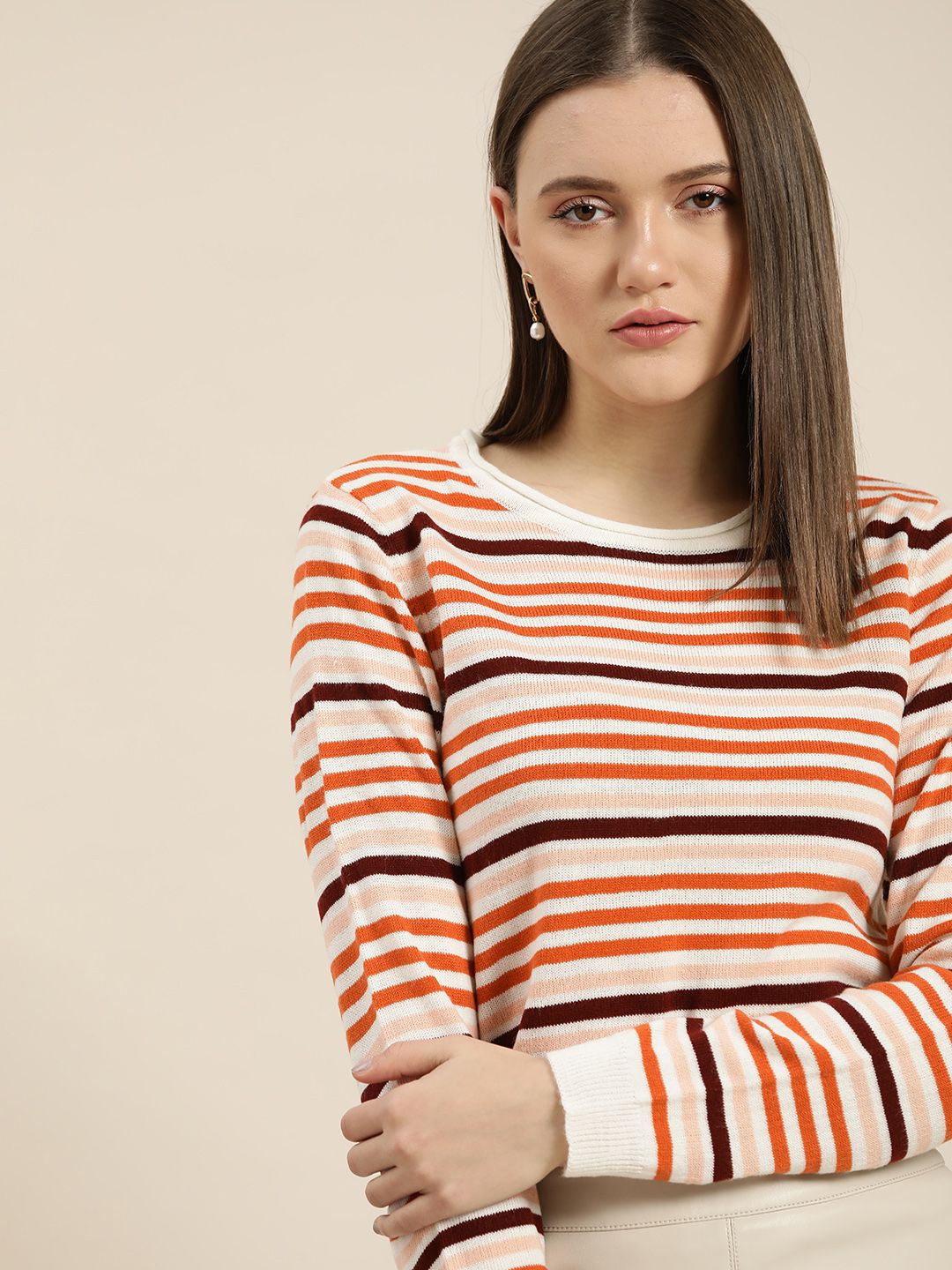 her by invictus Women White & Orange Striped Pullover Price in India