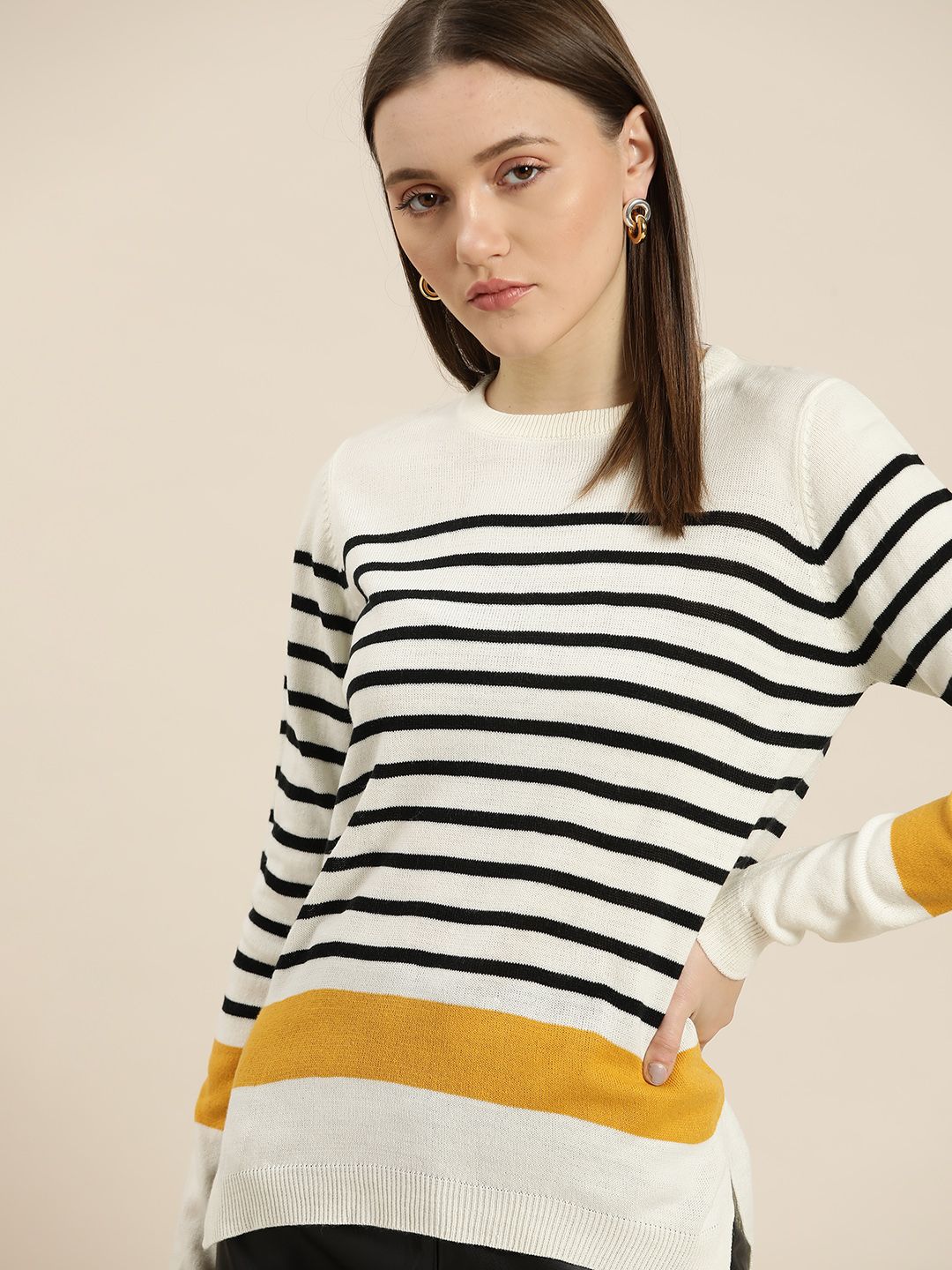 her by invictus Women White & Black Striped Pullover Price in India